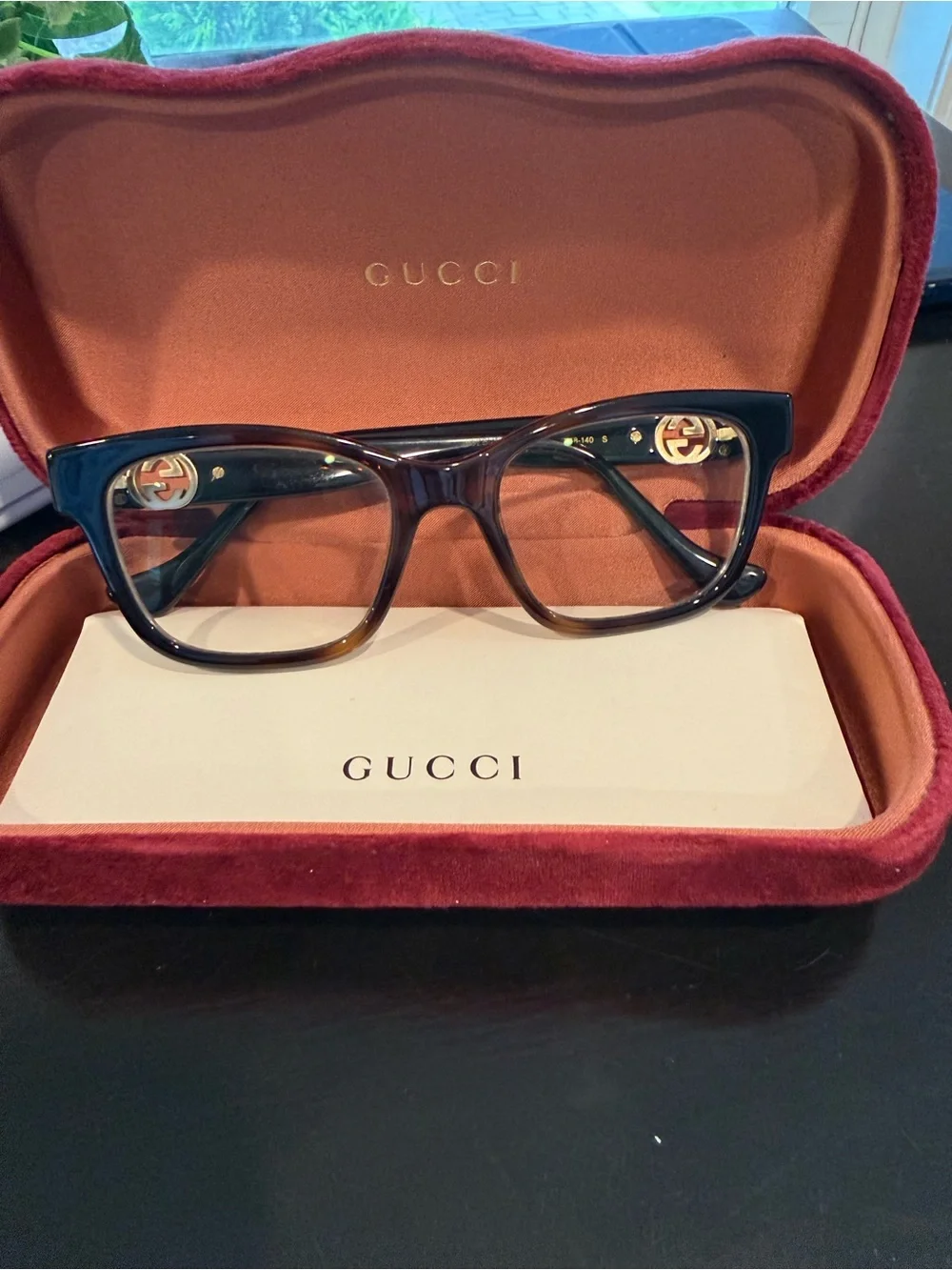 Gucci Black and Tortoiseshell Rectangular Glasses with Gold GG Accent - Picture 2 of 6